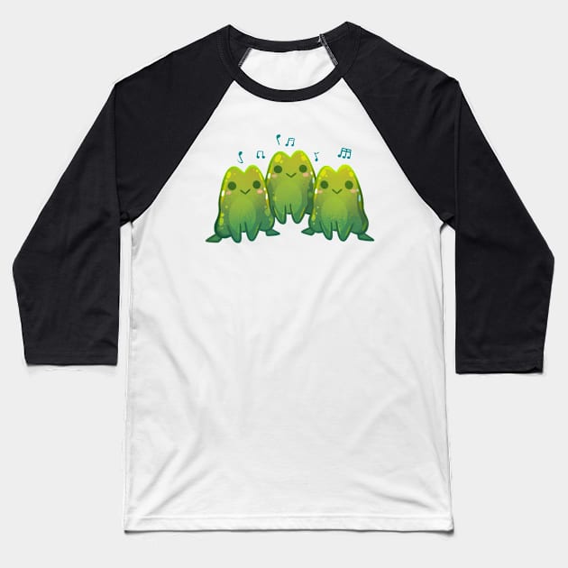 Green Singing Frog Trio Baseball T-Shirt by Claire Lin